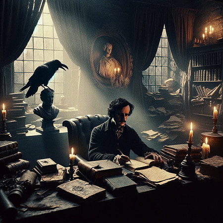 DALL·E 2023-12-22 17.59.38 - Envision a still from a film adaptation of Edgar Allan Poe's The Raven, shot on atmospheric 35mm film with a grainy texture. The scene is set in a d