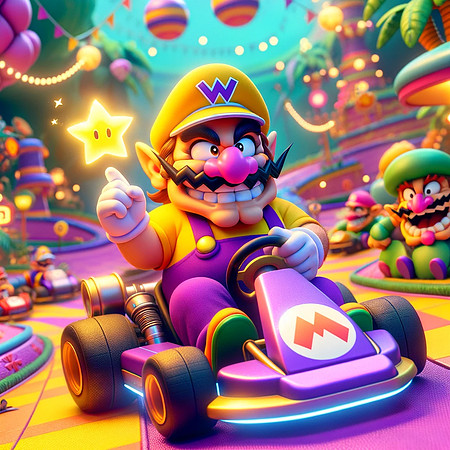 DALL·E 2024-01-28 00.10.17 - A character inspired by classic video game aesthetics, resembling Wario, driving a go-kart. The character is wearing a yellow and purple outfit, with