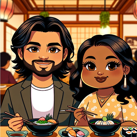 DALL·E 2023-12-21 09.42.39 - A cartoon image of a Puerto Rican couple in a Japanese restaurant. The man has medium-length straight black hair, a deep brown hue, and an olive skin