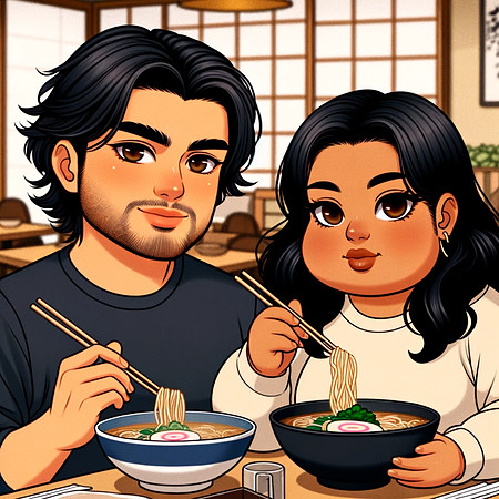 DALL·E 2023-12-21 09.45.12 - A cartoon image of a Puerto Rican couple at a Japanese restaurant, both enjoying a bowl of ramen. The man has medium-length straight black hair, deep