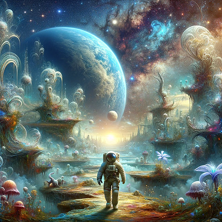 DALL·E 2023-12-18 01.50.18 - Create an image of an astronaut walking in a fantastical and mystical landscape. This enchanted place is filled with strange, original creatures that