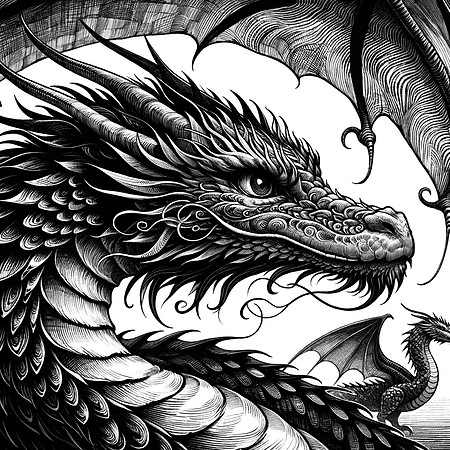 DALL·E 2024-01-12 22.27.40 - Create a black ink book illustration of a dragon, focusing on its face with the full body and closed wings visible. The style should be intricate and