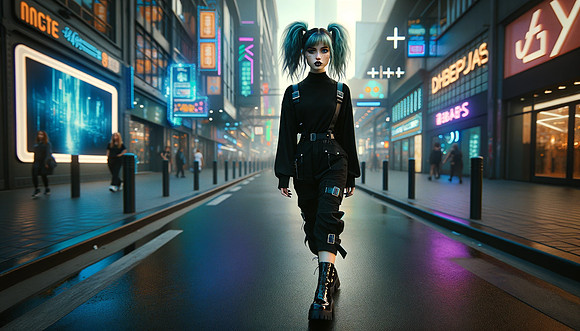 DALL·E 2024-01-03 00.15.34 - A full-body portrait of a young Caucasian woman walking confidently down a street inspired by a cyberpunk theme, wearing shiny black boots. She has a