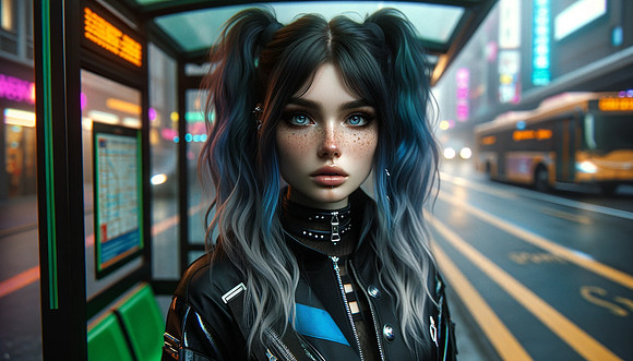 DALL·E 2024-01-04 23.28.23 - A horizontal full-body portrait of a young Caucasian woman with a cybergoth aesthetic, waiting at a bus stop. She has two-toned high, messy pigtails,