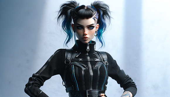 DALL·E 2024-01-02 20.17.13 - A full-body portrait of a young Caucasian woman with a cybergoth aesthetic in a strong and confident stance, ensuring her entire body is visible in a